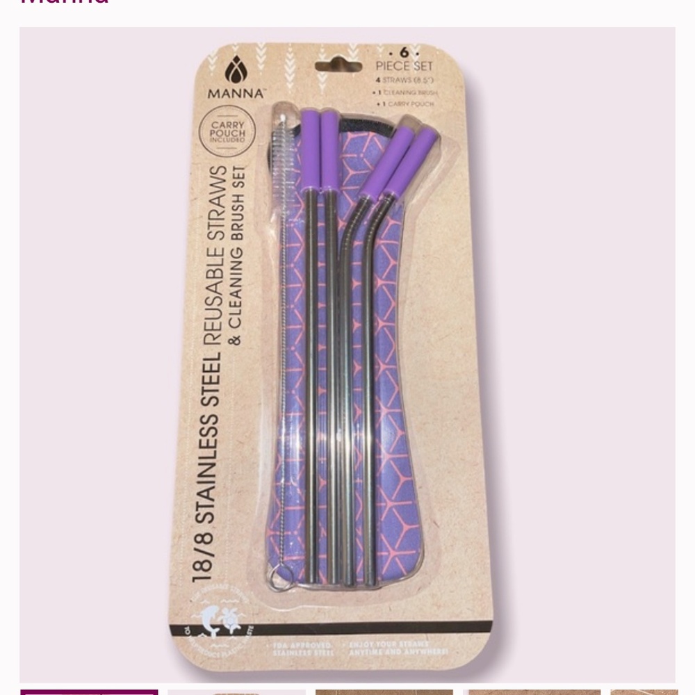 NWT Manna stainless steel reusable straws & cleaning brush set -with zip…